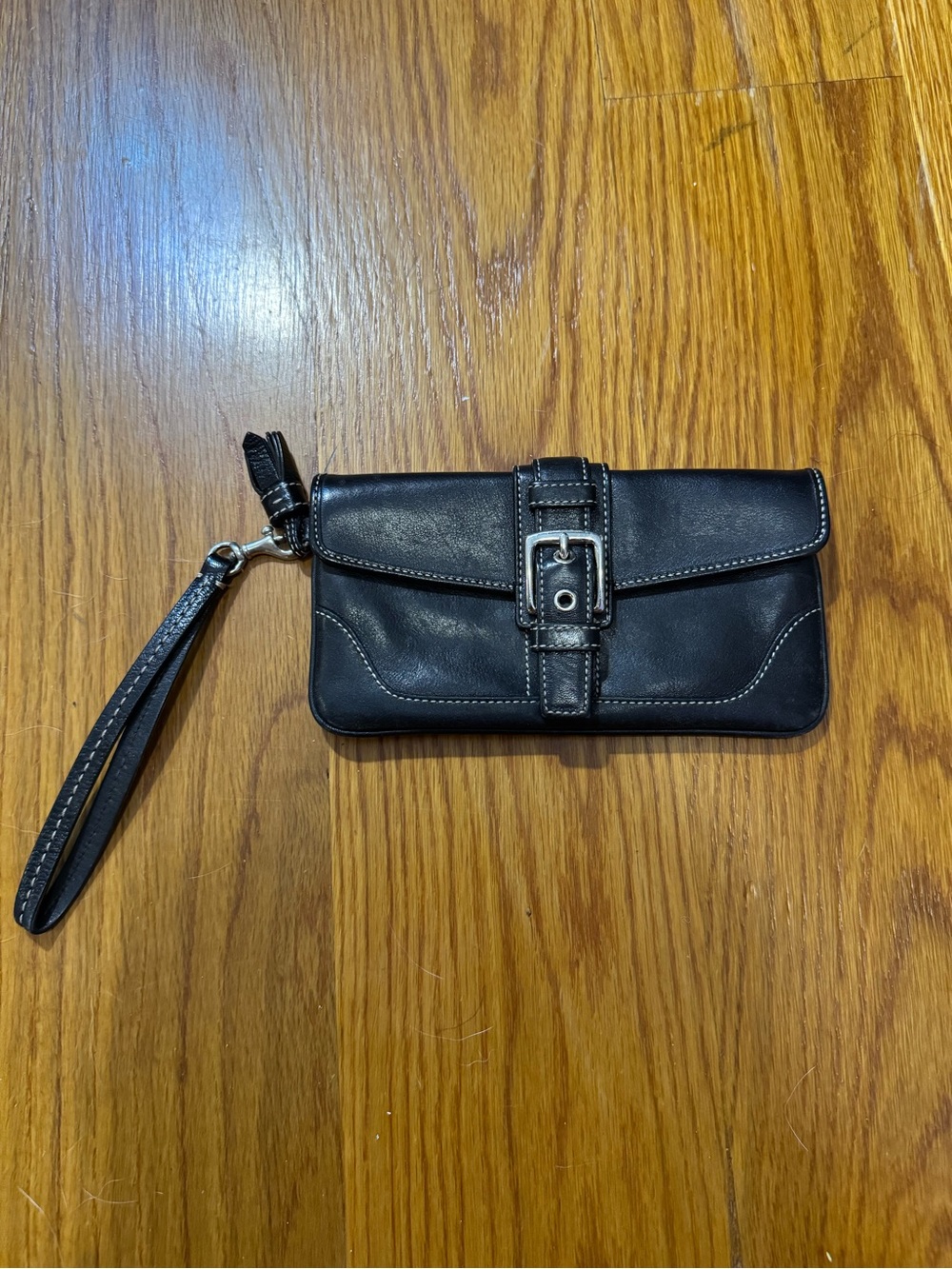 COACH Vintage Black Leather Wristlet Wallet with Buckle Detail